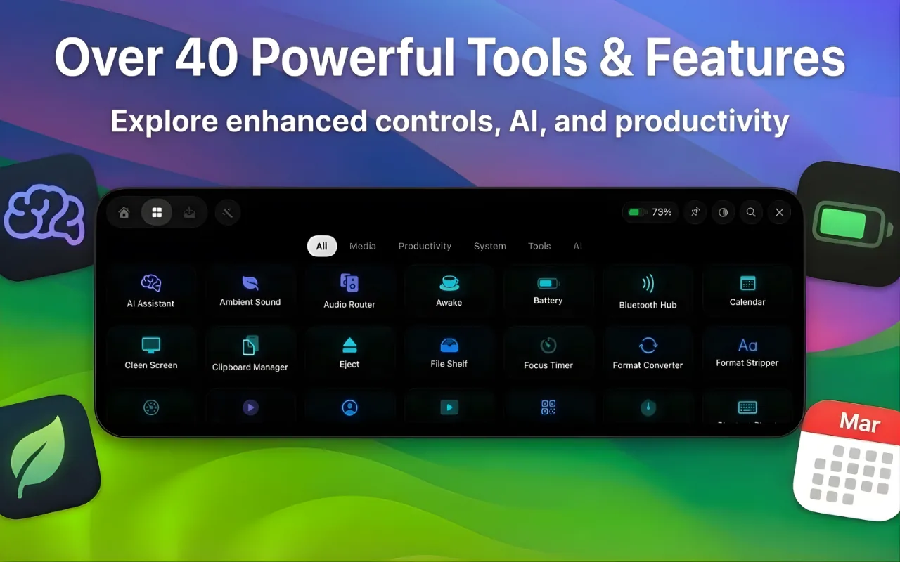 The NotchOS tools grid with tabs for Media, Productivity, System, Tools and AI.