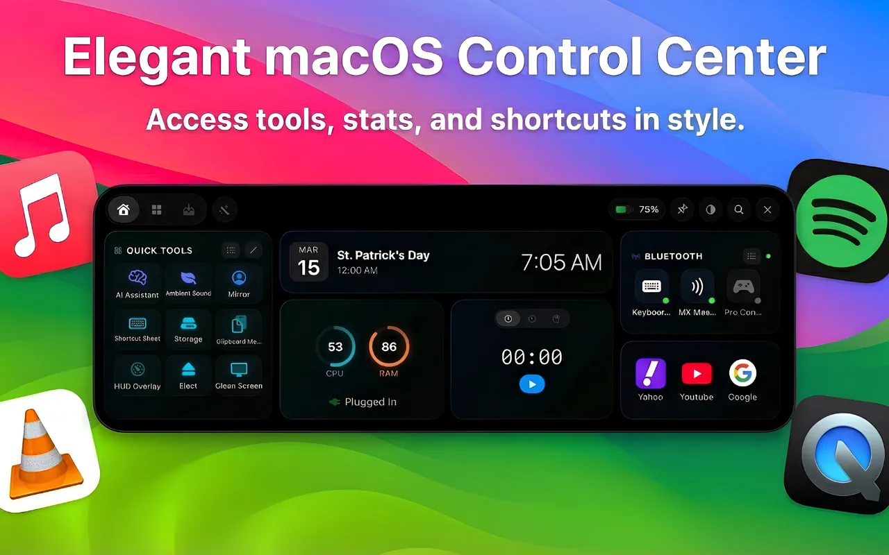 The NotchOS panel open under the MacBook notch, showing quick tools, a calendar date, CPU and memory gauges, a timer and Bluetooth devices.
