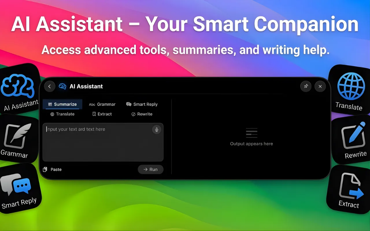 The NotchOS AI assistant with Summarize, Grammar, Smart Reply, Translate, Extract and Rewrite modes and a text field.