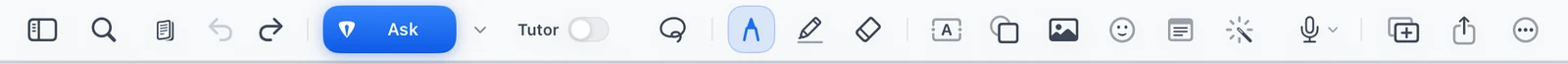 The NoteFun editor toolbar, showing the Ask button, the Tutor switch, and the pen, highlighter and eraser tools.