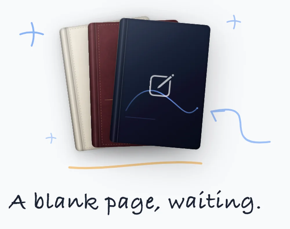 Three NoteFun notebooks with cream, burgundy and navy covers, above the handwritten line, a blank page, waiting.
