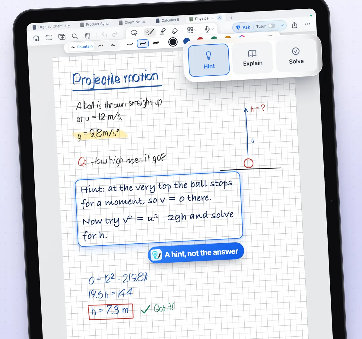 A physics problem handwritten on squared paper in NoteFun, with the Hint, Explain and Solve choices shown under the Ask button and a hint written in ink.