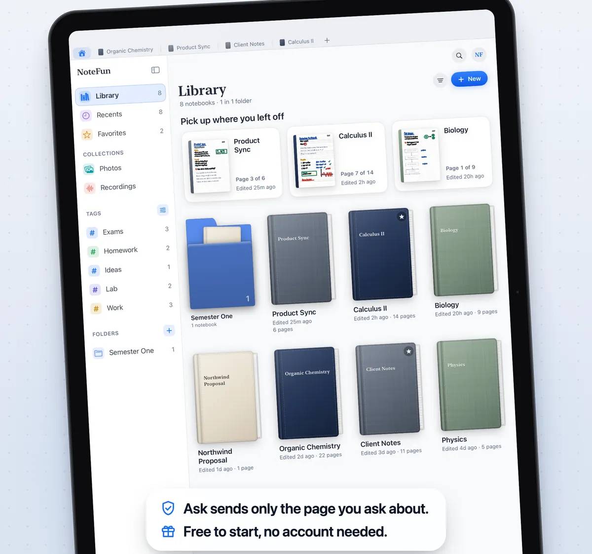 The NoteFun Library on iPad with a sidebar of collections, tags and folders, a row of recent notebooks, and shelves of notebooks with cream, navy, blue and green covers.