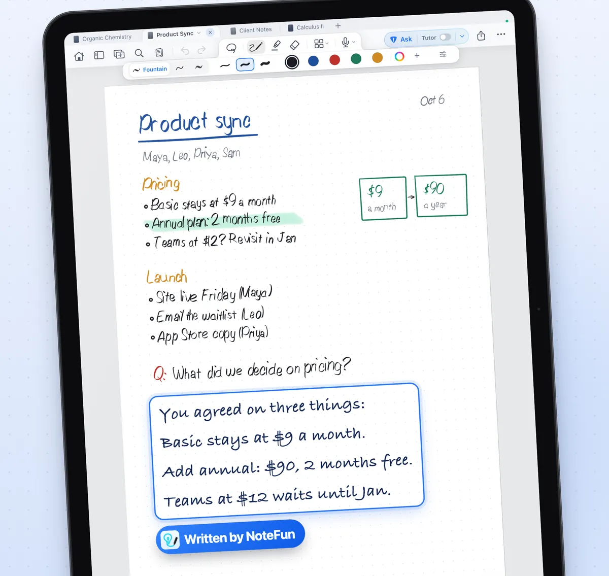 Handwritten meeting notes titled Product sync. Under the question what did we decide on pricing, NoteFun has written a three point summary in ink.