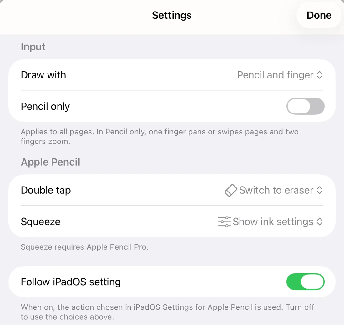 NoteFun settings on iPad, showing a Pencil only switch and an Apple Pencil section where double tap is set to switch to the eraser and squeeze is set to show ink settings.
