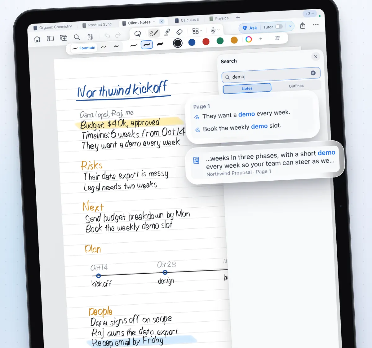 NoteFun search on iPad. Searching the word demo lists two handwriting matches from page one and a match from a PDF page.